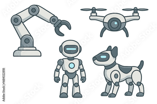 Various robotic and animal figures including futuristic robotic arm, advanced drone with camera, humanoid robot, and robotic dog in modern technology vector cartoon style
