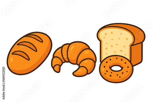 Variety of baked goods with bread, croissant, bagel, and loaf, colorful cartoon vector illustration, bakery products, fresh pastries, food icons on transparent background