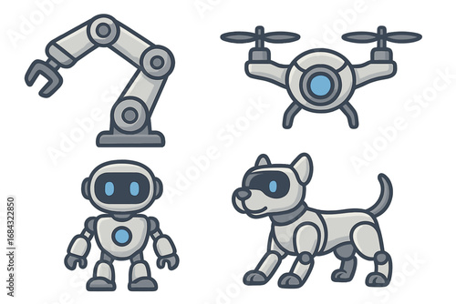 Modern robotic technology vector set. Cartoon style robotic arm, drone, humanoid robot and robotic dog. Futuristic robot designs for technology, AI, automation, and innovation concepts.