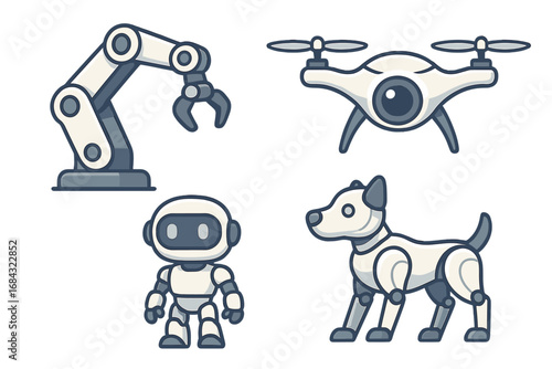 Various robotic figures including robotic arm, drone, robot character, and robot dog in modern vector cartoon style for technology and innovation themes