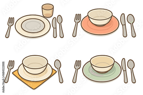 Various Artistic Table Settings with Plates, Bowls, Cutlery, and Glassware on Clean Background, Cartoon Vector Illustration, Organized Dining Set Collection