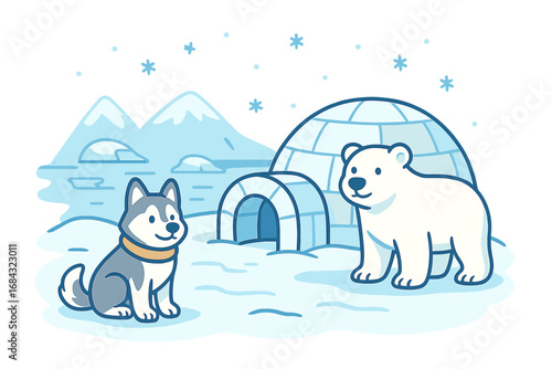 Winter landscape with ice, igloo, polar bear, and husky dog in cold arctic environment, cartoon style vector illustration with snowy mountains and snowflakes, transparent background