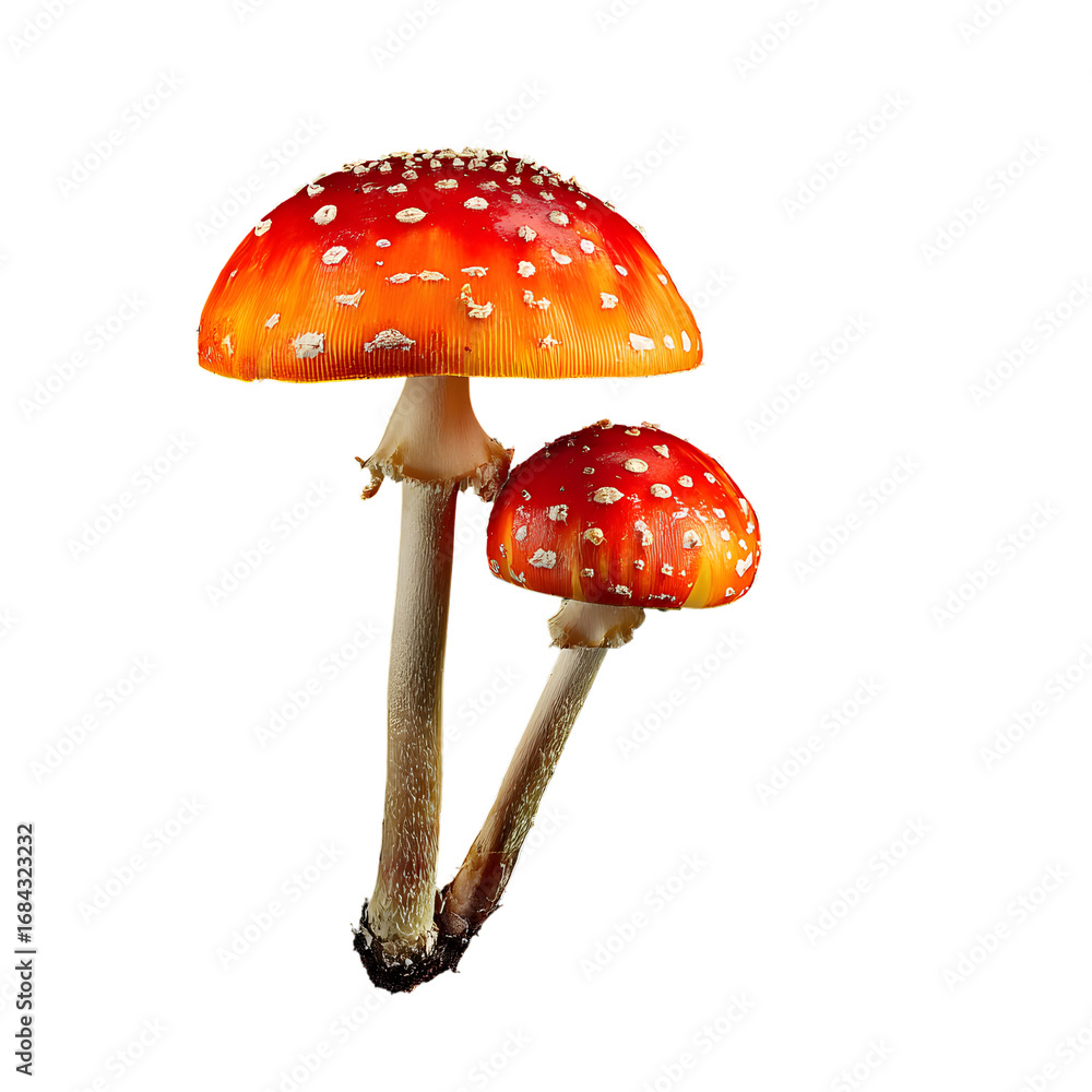 Obraz premium Striking close-up of vibrant red and white spotted fly agaric mushrooms on black