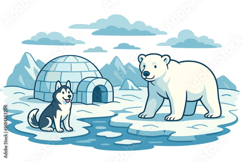 Winter Arctic landscape with igloo, polar bear, and husky dog in icy environment, cold snow wilderness scene, cartoon vector illustration with transparent background