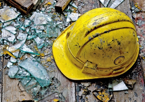 Yellow safety helmet amidst broken glass on weathered wood