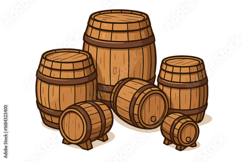 Wooden Barrels Vector Illustration, Various Sizes Rustic Vintage Barrel Set, Craft Fair Display, Cartoon Style Storage Containers for Alcohol, Wine, Beer, and Whiskey