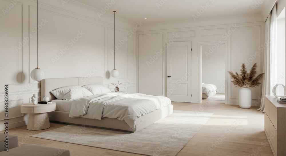 Fototapeta premium Elegant Bedroom Interior with Neutral Tones Modern Design.