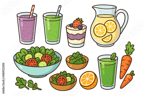Healthy food and drinks vector illustration set. Fresh organic salads, smoothies, juices, and lemonade for a detox diet. Cute cartoon icons for nutrition and wellness concepts.