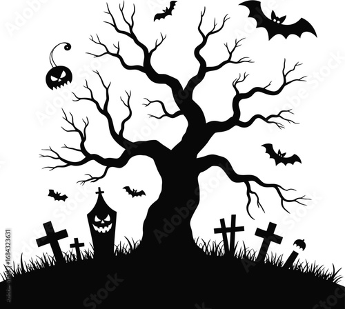 Spooky Halloween scene with bare tree bats and graves