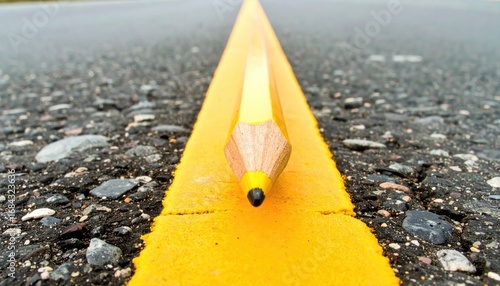 A yellow pencil laid lengthwise on the yellow line of a dark asphalt road, focused at the tip. The background is blurred for a shallow depth of field