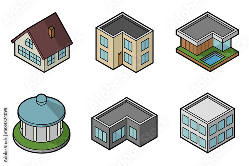 Isometric building icons, civic and commercial structures, museum pavilion office blocks, round arena complex, urban planning map assets