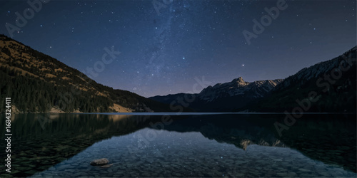 A vibrant sunset paints the sky over a calm lake, with clouds reflecting on the tranquil mountain landscape