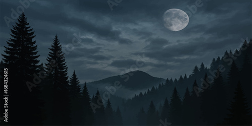 Moonlight illuminates the winter landscape as a full moon rises over a misty mountain forest with silhouettes of pine trees against the cloudy night sky