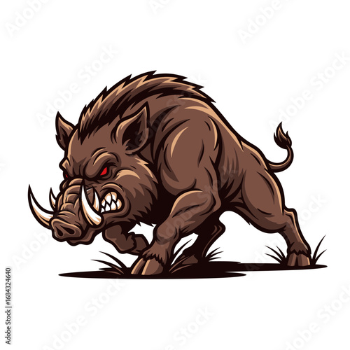 Furious wild boar mascot character in an aggressive charging stance with large tusks and glowing red eyes. Powerful vector graphic for a sports team emblem