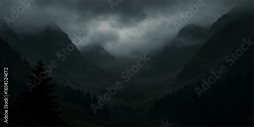 Misty mountain landscape at sunrise with a panoramic view of the forest and a cloudy sky