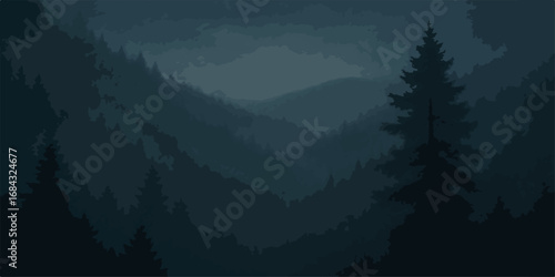 A majestic winter mountain landscape with snow-covered trees and a misty valley under a cloudy sky at sunset
