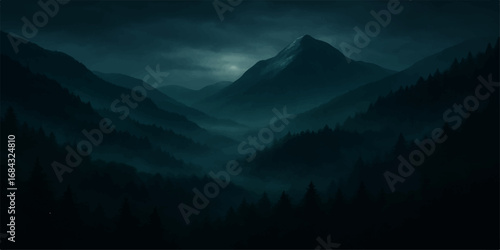 Fog and clouds blanket a tranquil mountain valley at dawn, bathed in the soft glow of the rising sun