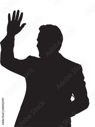 Black silhouette of a man in a suit waving his hand greeting