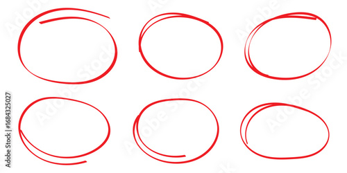 Hand drawn red crayon ovals and circles set. Ellipses in red pencil doodle style. Round freehand shapes, emphasis highlights. Red round rough thin frames. Best Design, Vector illustration. EPS 10