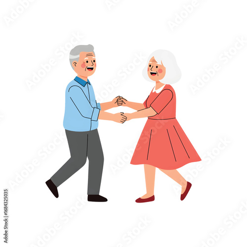 Happy elderly couple enjoying a dance together, a charming vector illustration of active seniors in love celebrating their retirement lifestyle