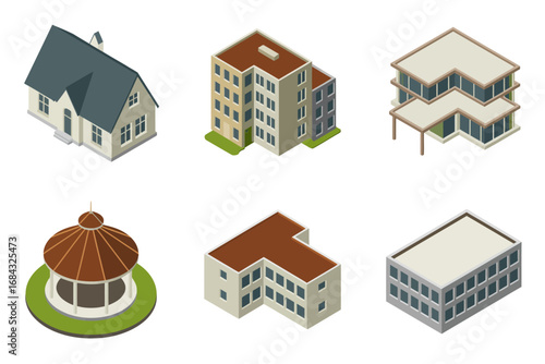 Isometric urban buildings collection, small civic structures, pavilion gazebo, apartment blocks, suburban houses, commercial units, rooftop details, neighborhood map icons