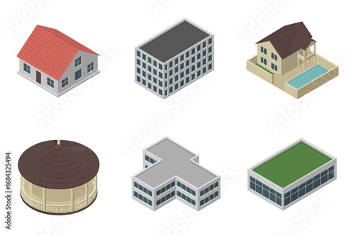 Modern commercial complex icons, warehouse factory hangar, circular pavilion, office plaza structures, rooftop details, isometric architectural components and terrain pieces
