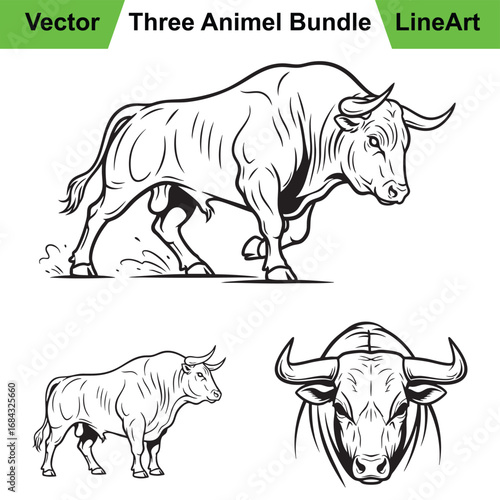 Assortment of Bull Illustrations in a Bold Line Art Style