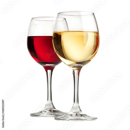 Two glasses of red and white wine isolated on transparent background for celebration