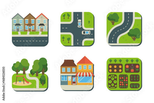 Neighborhood city block icons, park playground storefront houses, curved street corners, gardens, market square, pedestrian paths, community planning vector set