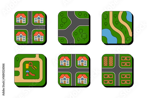 Urban planning tile icons, housing cluster blocks, greenbelt parkways, winding river segment, farmland plots, playground square, modular map pieces