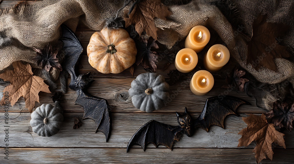 Fototapeta premium Halloween Autumn Decor with Pumpkins Candles and Bat Decorations on Wooden Table