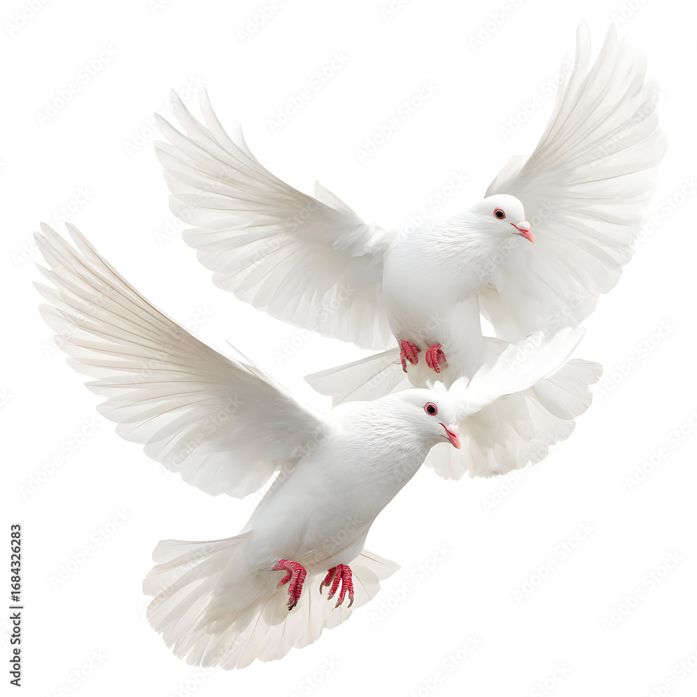 Fototapeta premium Two white doves soaring in unison against a stark black background image