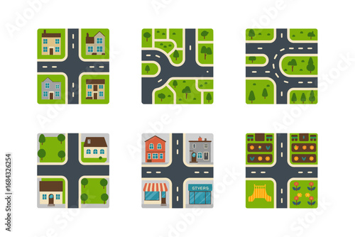 City map road tile set, modular street segments, intersections, curved roads, junctions, blocks, greenery strips, urban planning icons for designers