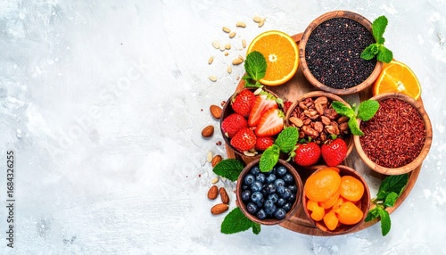 A vibrant, top-down food arrangement featuring fruit, nuts, and grains in wooden bowls atop a round wooden platter against a textured, white backdrop