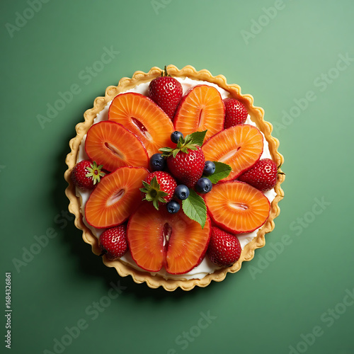 Fresh Fruit Tart with Strawberries Blueberries and Sliced Kiwi on Green Background