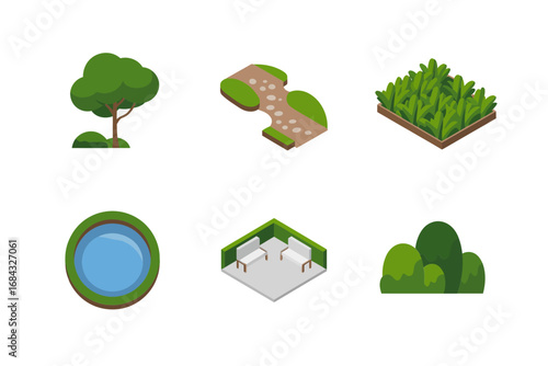 Park elements overhead view, pathway stepping stones pond basin, planters grass bed patch, public space icons, outdoor greenery illustrations