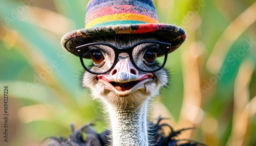 A whimsical close-up of an ostrich wearing glasses and a colorful striped hat, with a blurred green and yellow background