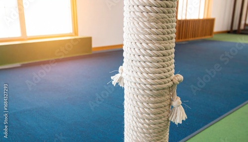 A thick, tightly coiled white rope wraps around a central post, set against a background of blue and green flooring and a sunlit window