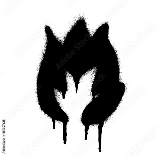 Abstract graffiti-style black flame stencil with spray paint effect on a white background.