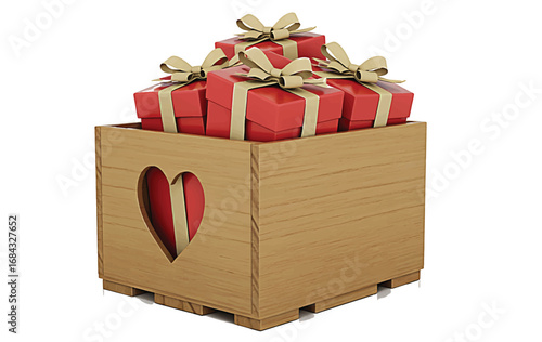 Heartfelt Gifts A Wooden Box Overflowing with Red Presents Tied with Golden Ribbons