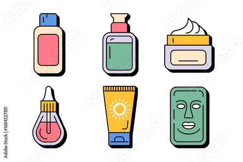 Skincare essentials icon collection, dropper serum tube sunscreen cream jar mask illustrations, travel friendly cosmetic set, modern flat vector designs