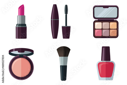 Makeup cosmetics vector pack, lipstick mascara brush compact powder blush nail polish bottle, eyeshadow palette and applicator, beauty tool illustrations