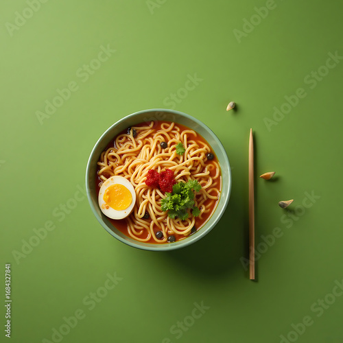 Bowl of Asian Style Noodles with Egg and Vegetables on Green Surface