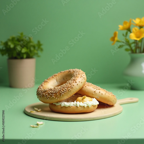 Fresh Bagels with Cream Cheese and Sprinkles on White Plate in Bright Green Kitchen