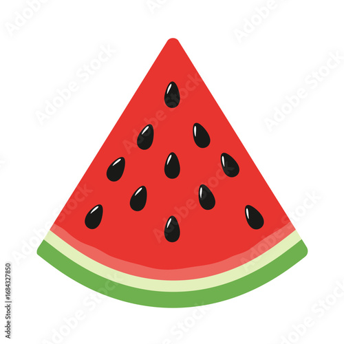 A classic triangular slice of juicy red watermelon with black seeds, symbolizing summer refreshment, healthy snacks, and vibrant fruit concepts