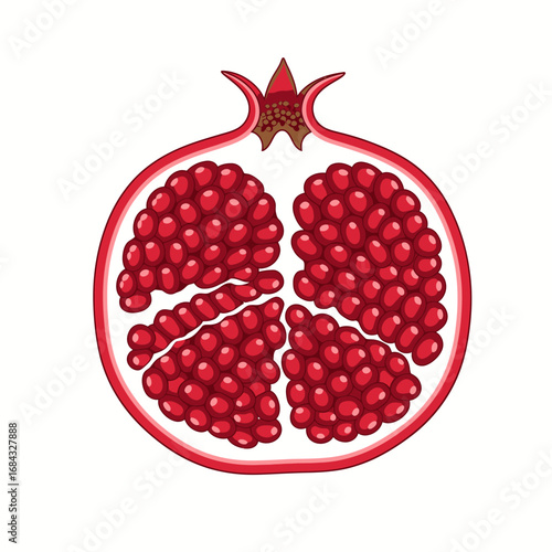 A vibrant and detailed illustration of a ripe pomegranate cut in half, revealing its cluster of juicy, jewel-like red seeds