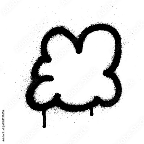 Minimalist graffiti artwork featuring a black cloud shape spray-painted on a white background.