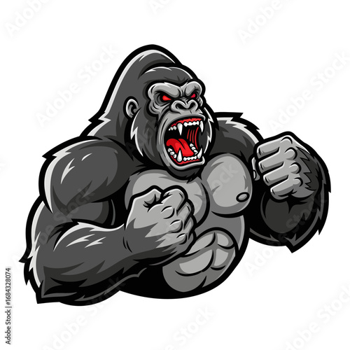Fierce silverback gorilla roaring in an aggressive fighting stance, a powerful primate mascot character isolated on a white background