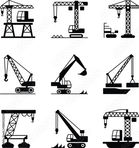 Tower crane icon, crawler crane, mobile crane, excavator, floating crane, gantry crane, dragline excavator, harbor crane, construction machinery, flat vector illustration