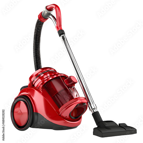 Modern red vacuum cleaner isolated on black background studio shot image